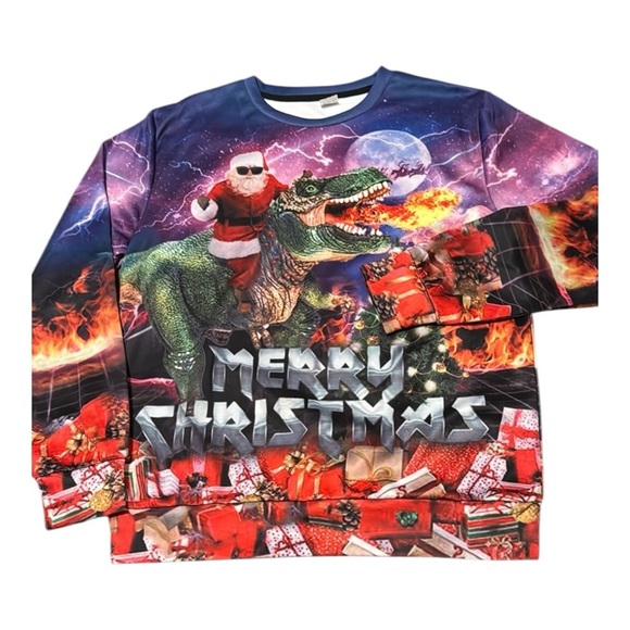 Santa Riding T-Rex Men’s S Small Crewneck Sweater with Festive Design - Picture 2 of 7